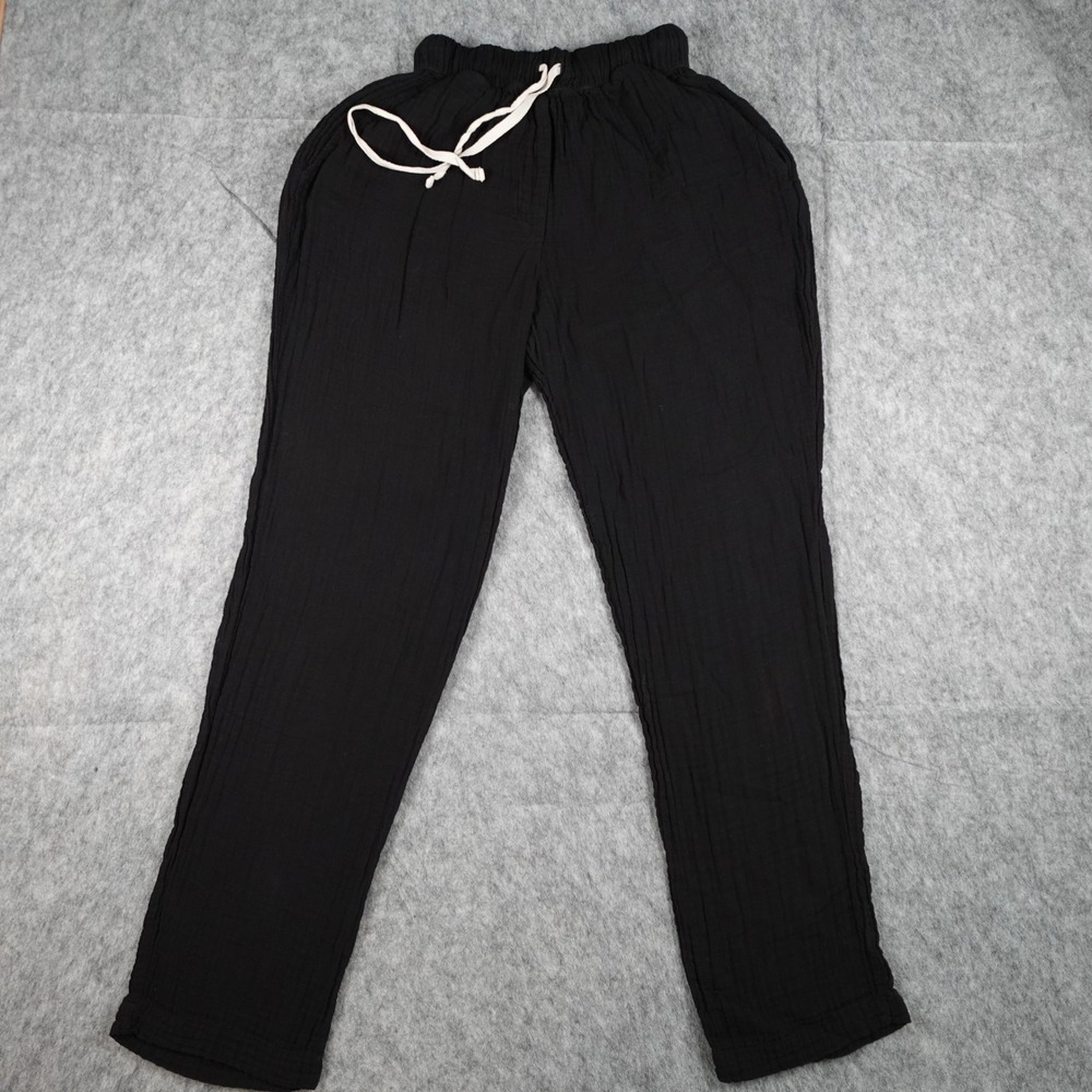 9 Seed Pants Women Small Petite Black Cotton Gauze Elastic Waist Resort Straight